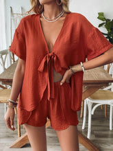Tie Front Short Sleeve Top and Shorts Set OutfitFlow